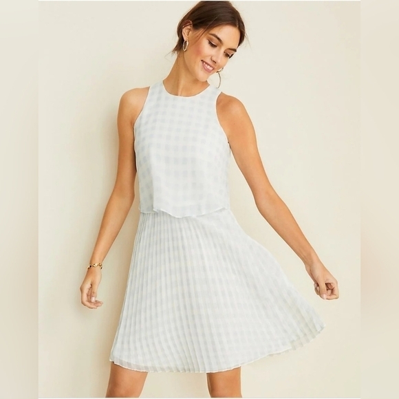 Ann Taylor Petite Gingham Overlay Pleated Flare Dress NWT - Picture 1 of 12